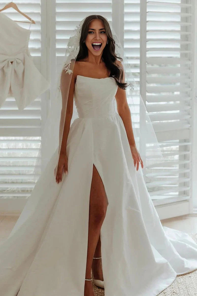 A-Line Strapless Satin Wedding Dresses with Slit
