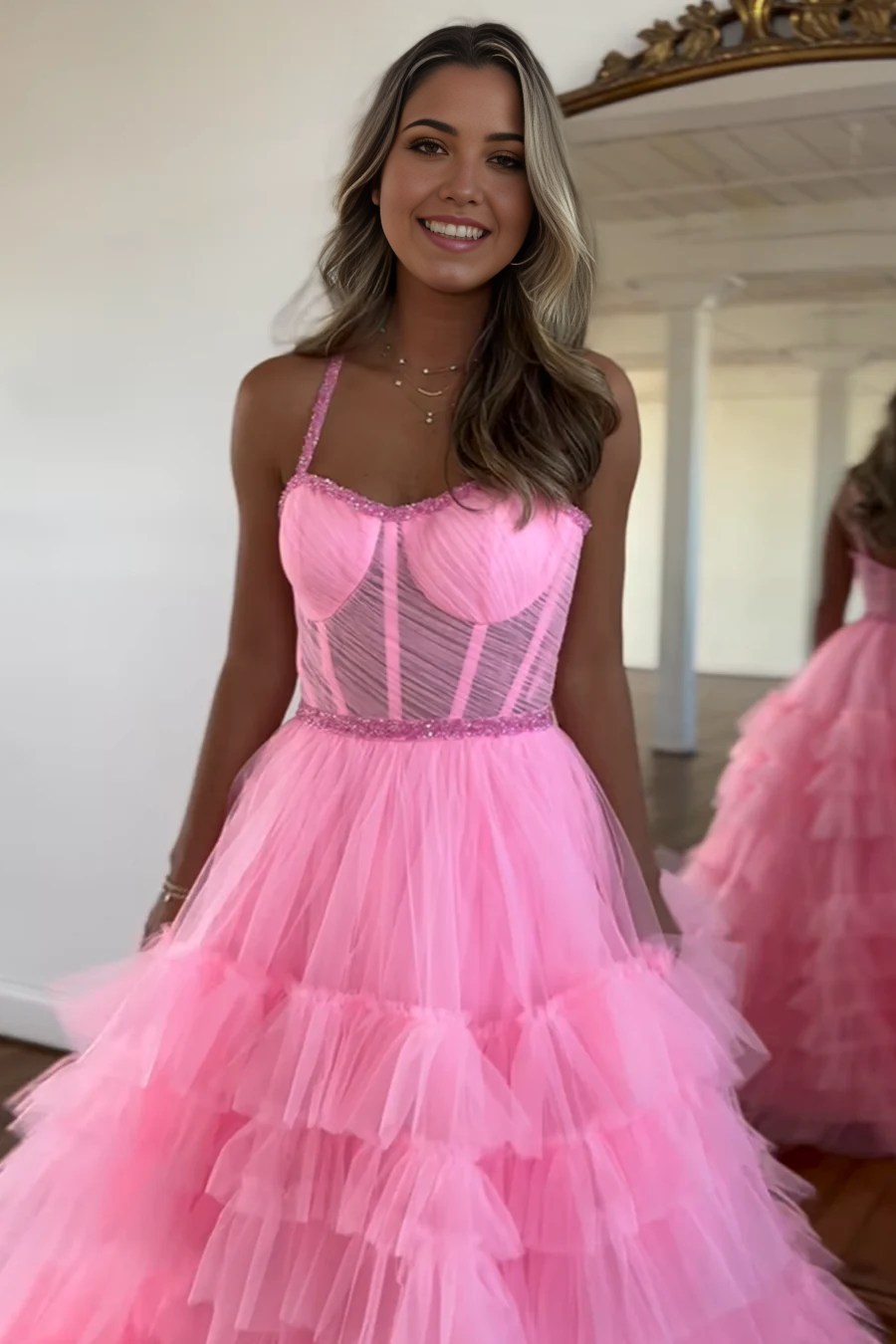 A Line Cute Scoop Neck Pink Tiered Tulle Long evening gown formal dresses Prom Dresses with Beading