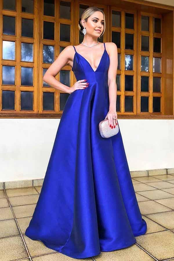 A-Line Spaghetti Straps Floor Length Royal Blue Satin Prom Dress