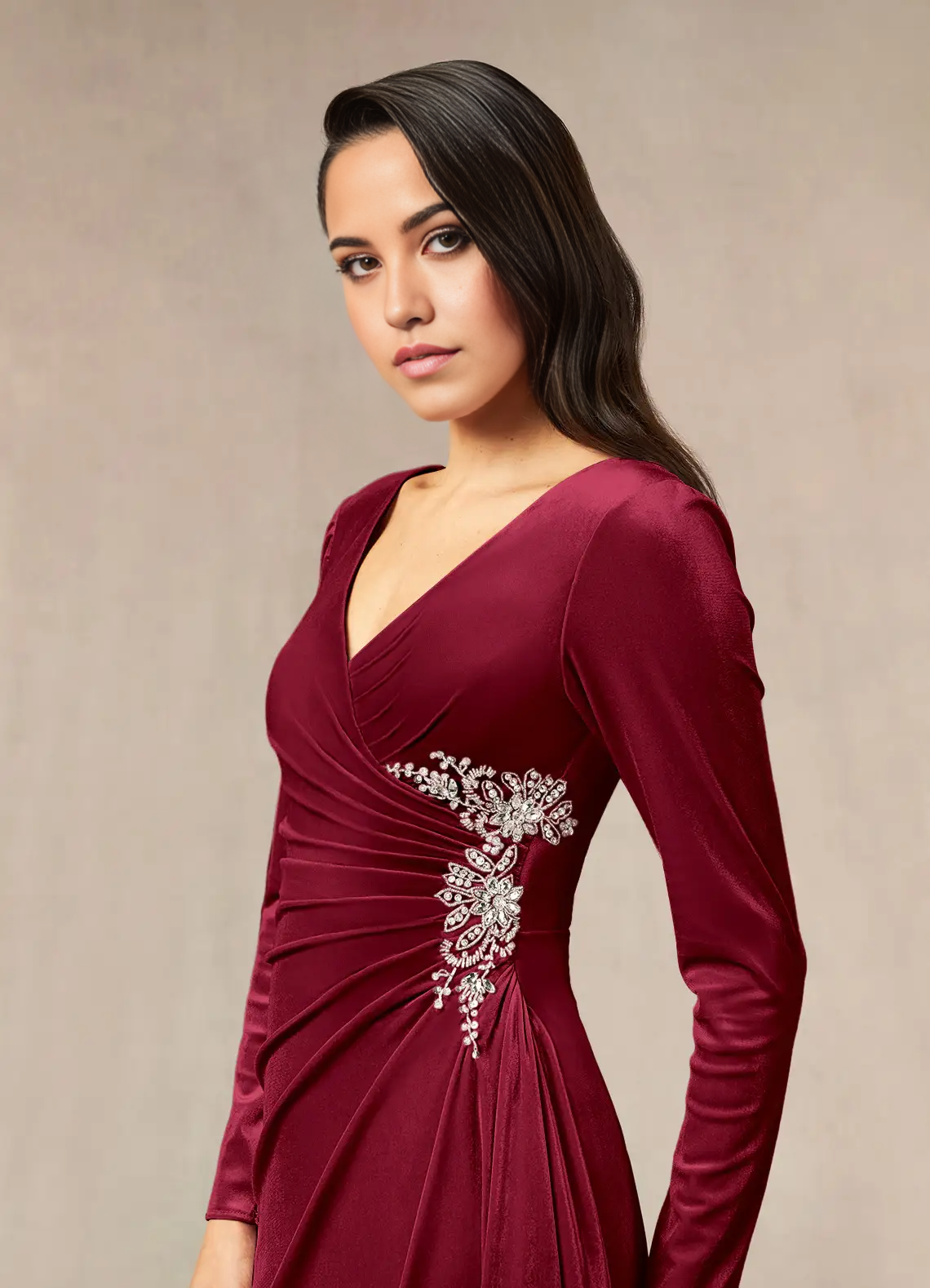 Mermaid V-Neck Pleated Velvet Burgundy formal dresses evening dress Mother of the Bride Dresses