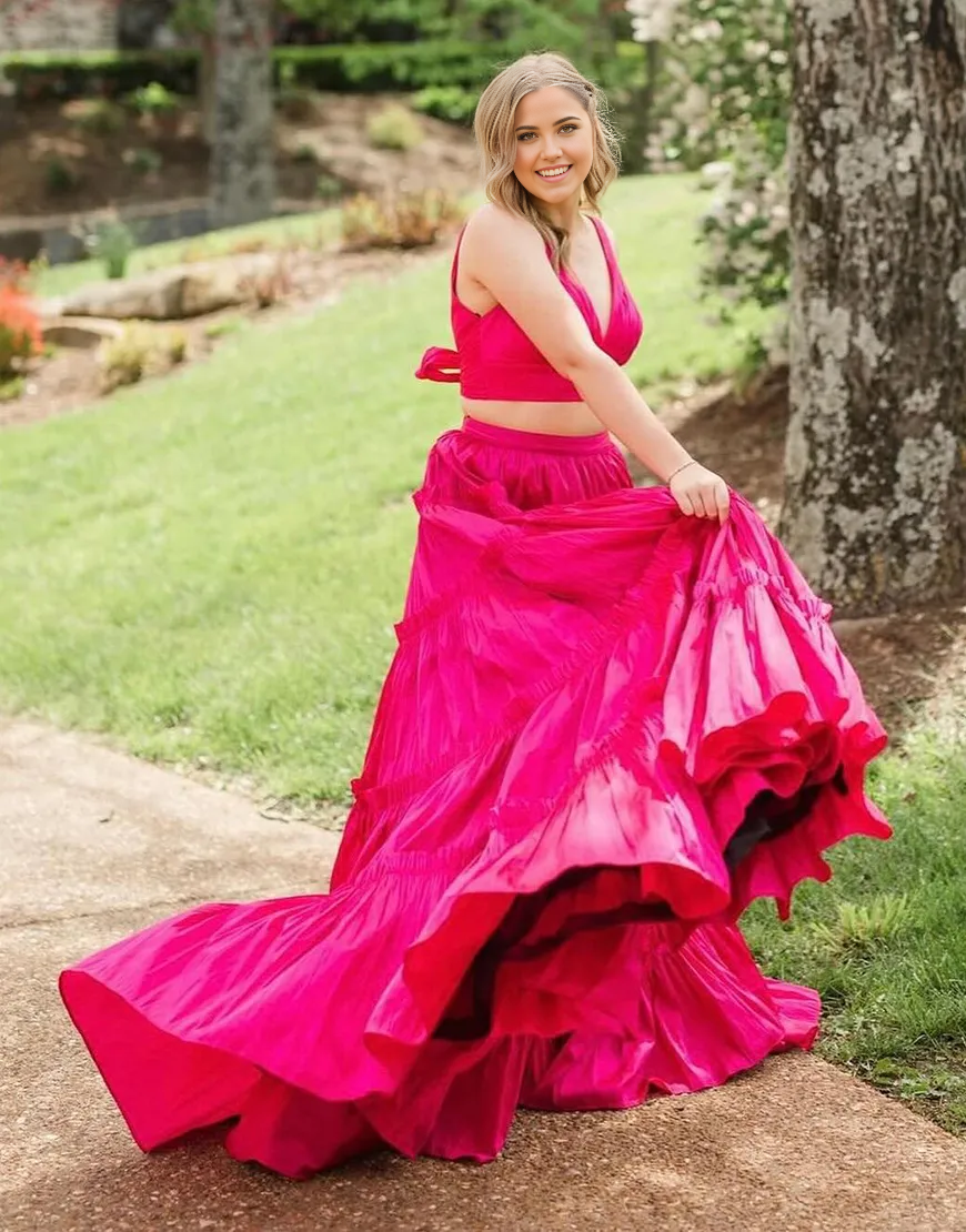 Two Piece A-Line V Neck Ruffled Fuchsia formal dresses evening dress Long Prom Dress