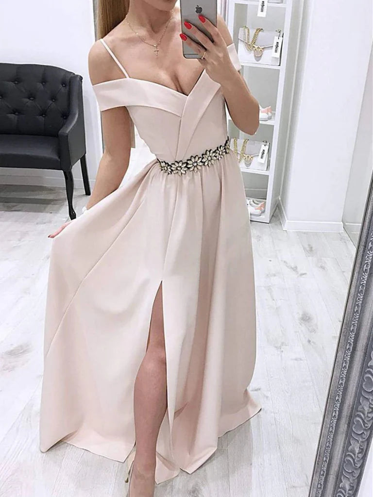 A-line Off Shoulder Long Prom Dress With Side Split Long Evening Dress