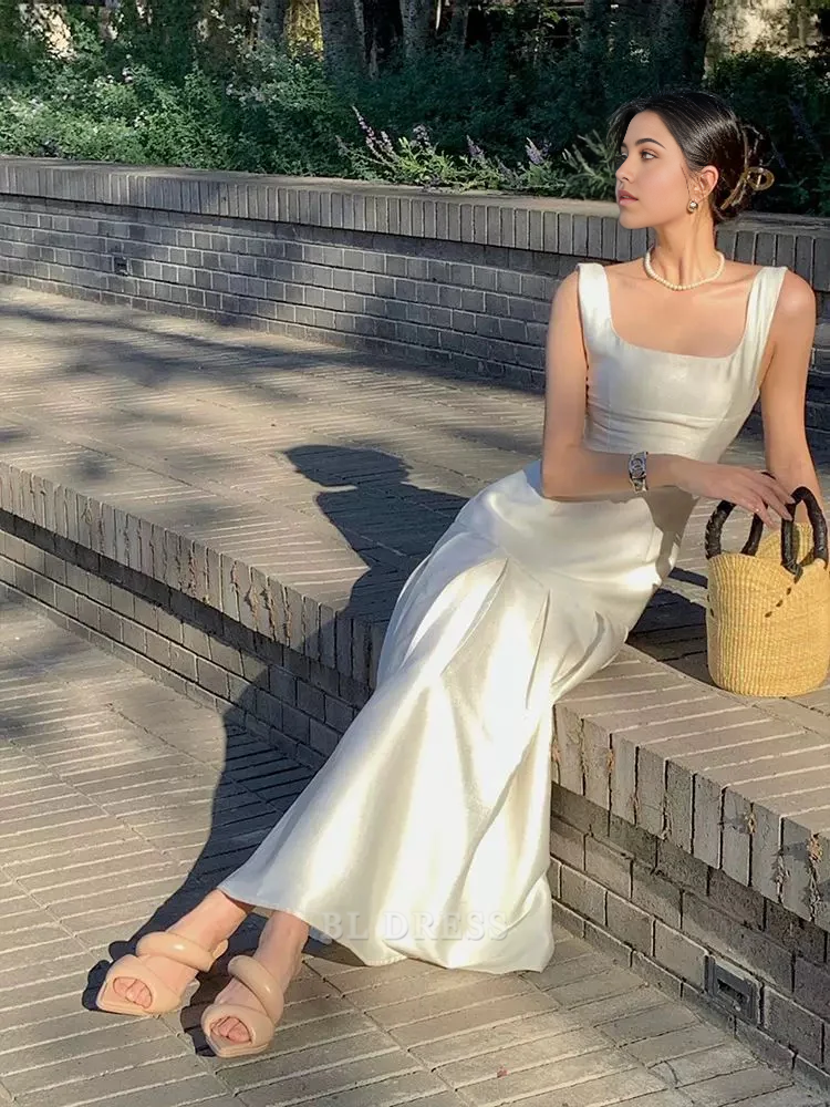 Mermaid Square Neckline Vintage White Sleeveless Satin formal dresses Bridesmaid Dresses evening gown Prom Dress