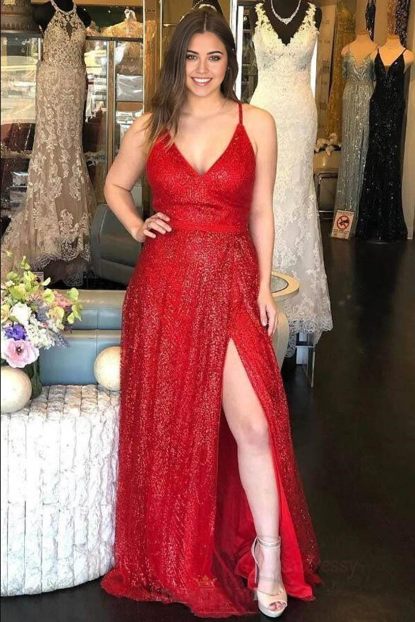 A-Line Sparkly V Neck Red Long Prom Dresses Formal Dress with Split