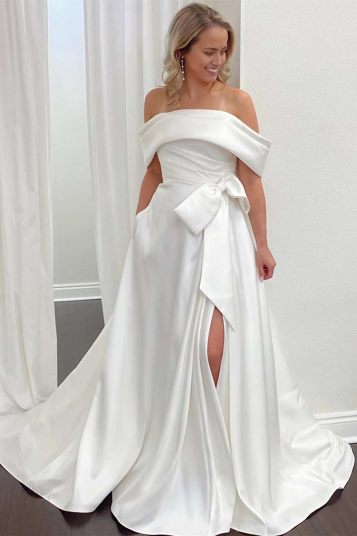 A-Line Off-the-Shoulder Bow Satin Wedding Dress with Slit