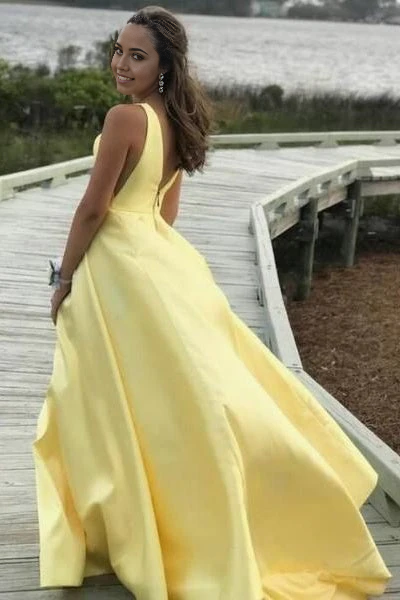 A-line V-neck Yellow Zipper Back Satin evening gown Long Prom Dresses Party Dresses