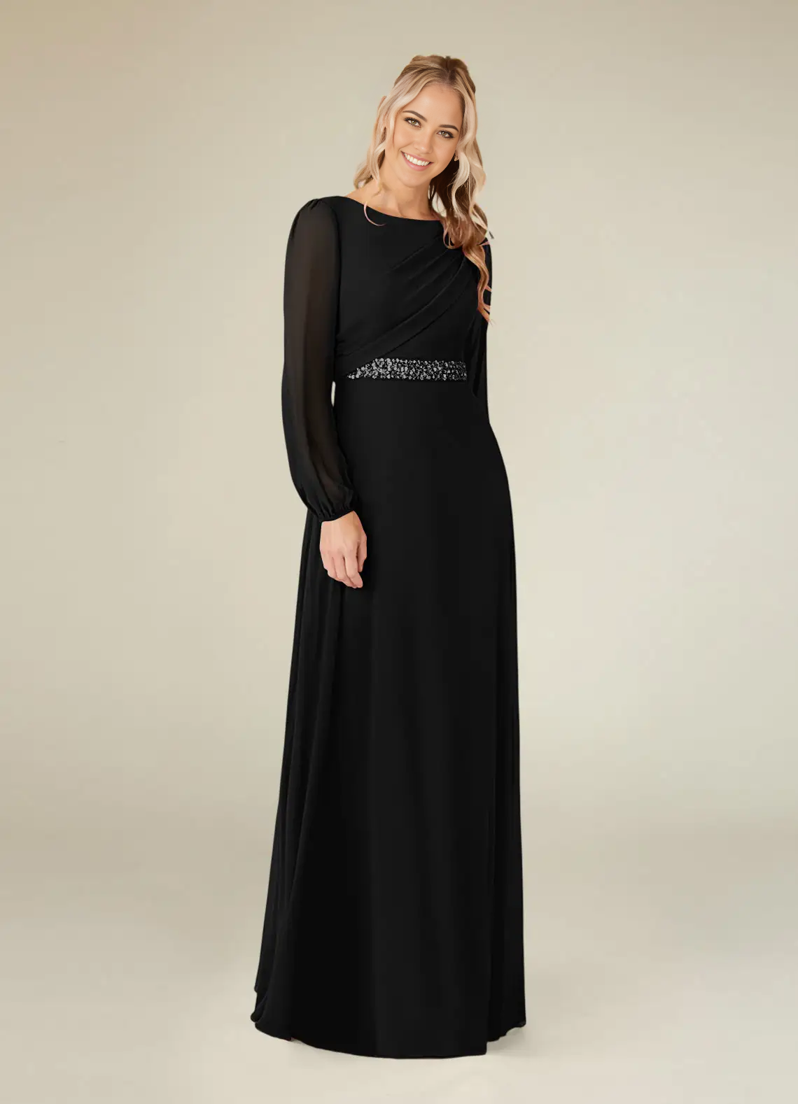 A-Line Boatneck Pleated Chiffon Long Sleeve Black Mother of the Bride Dresses