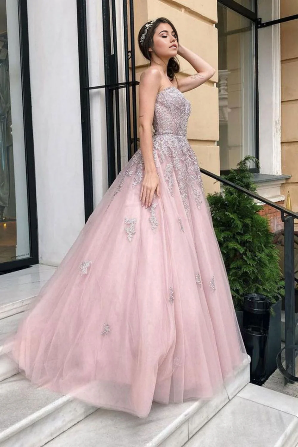 A Line Sweetheart Pink Long evening gowns Prom Dress with Appliques