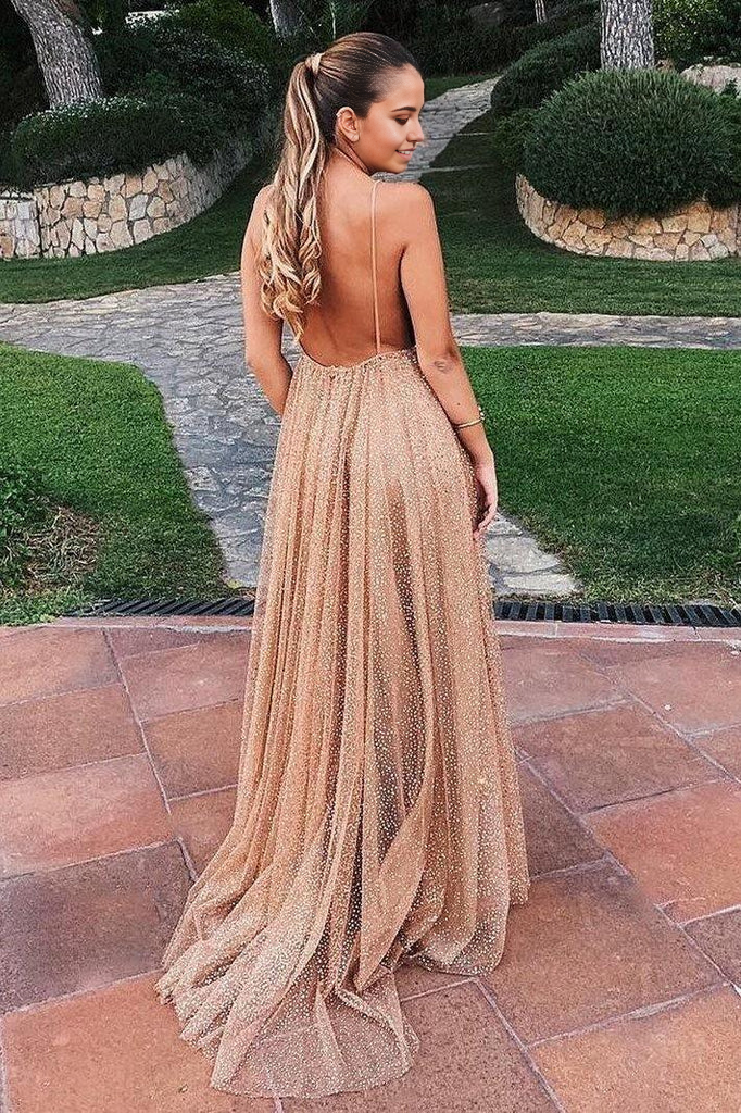 Sparkle Backless Plunging Neckline Sequin Long Prom Evening Dress