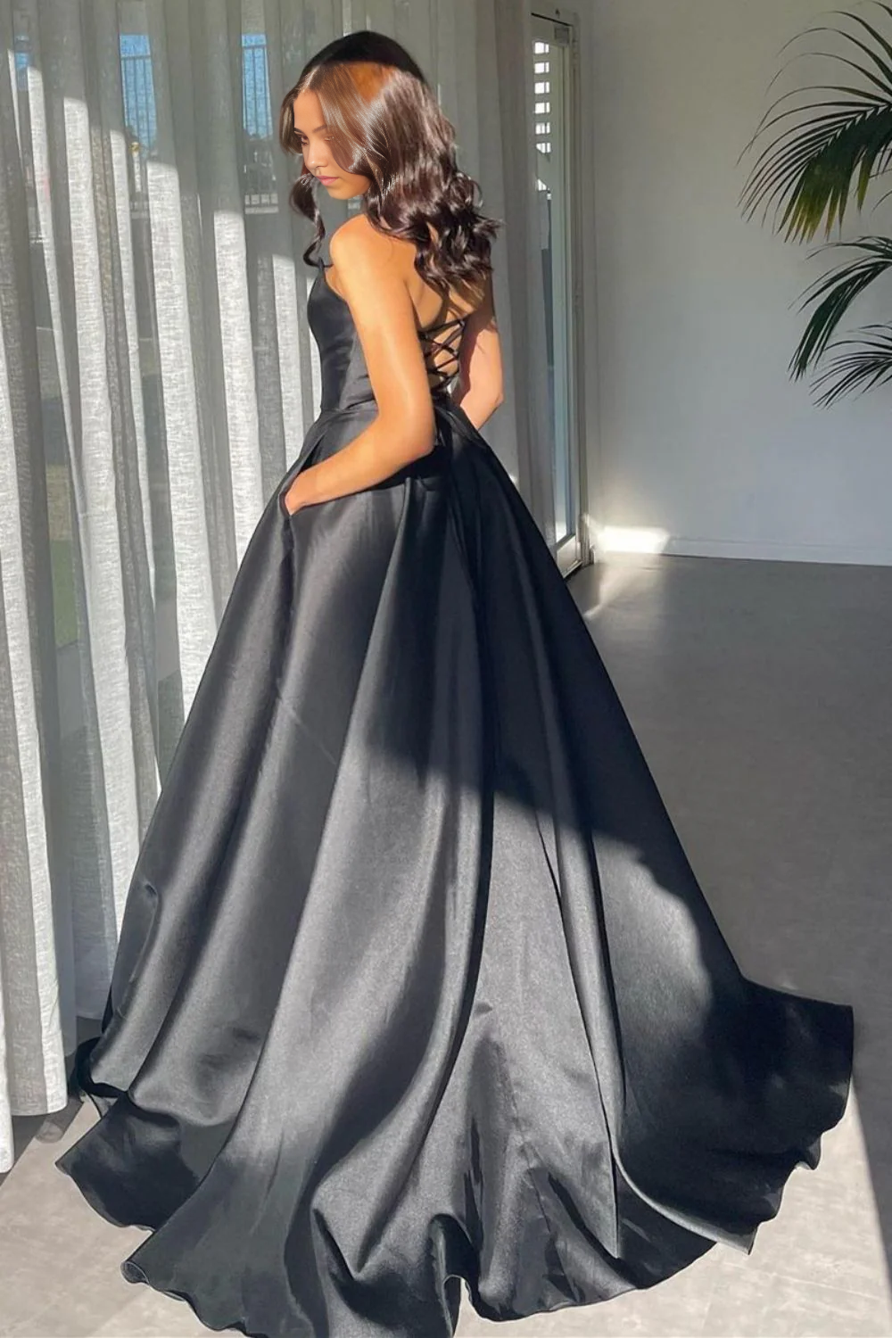A Line Deep V Neck Black Long Prom Dress with Split Front