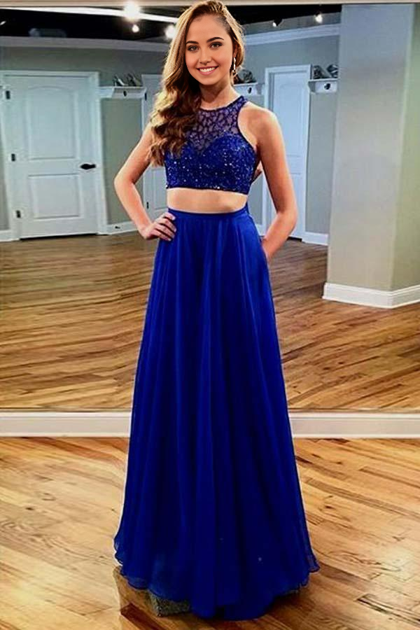 Two Piece Floor-Length Chiffon Royal Blue Prom Dress with Lace Pockets
