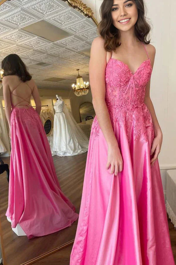 A-line V-neck Backless Satin Lace Long Prom Dresses Evening Dresses