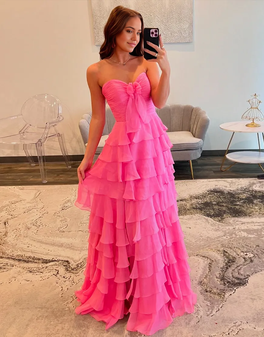 A-Line Strapless Ruffles Bow Chiffon formal dresses evening gown Long Prom Dress with Slit