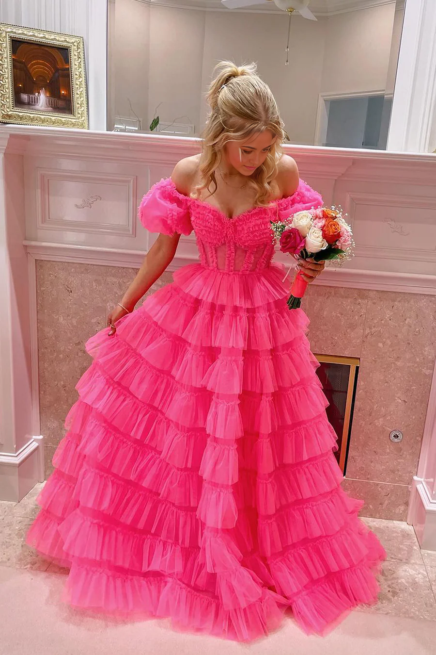 A-line Sweetheart Pink Tulle Cute Ball Gown Prom Dresses with Ruffled Sleeves