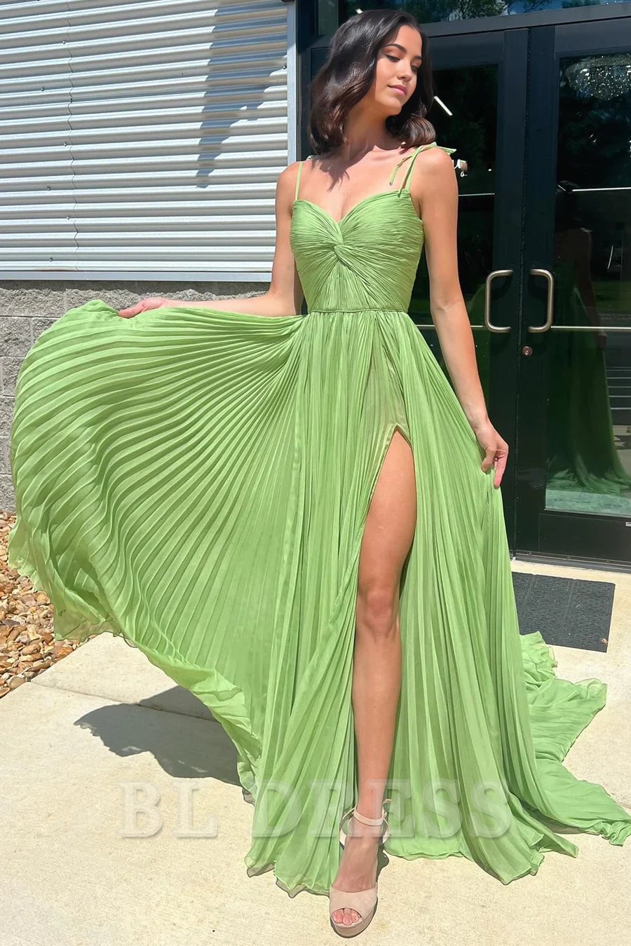 A-line Spaghetti Straps Pleated Green formal dresses evening gown Prom Dress with Slit