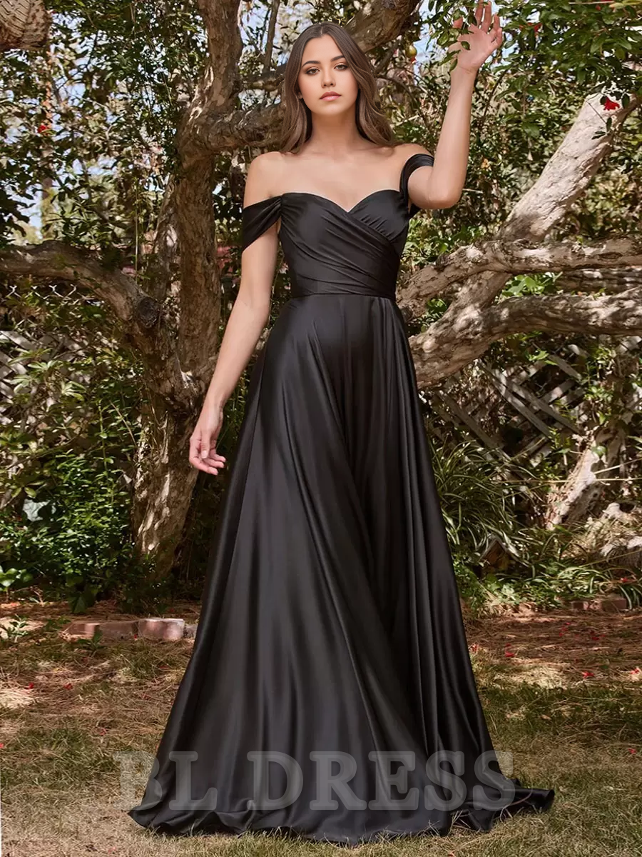 A-Line Sweetheart Neck Long Sleeves Satin Split Front formal dress evening gown Prom Dresses Wedding Guest Dresses Prom Dress