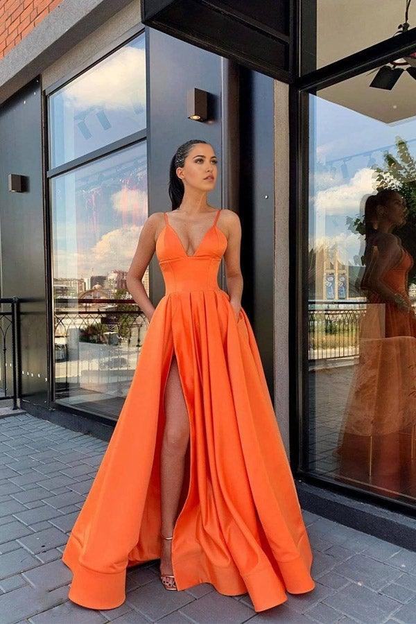 A Line V Neck Gray Red Pink Satin Split Prom Dresses Formal Dresses