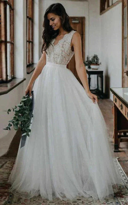 A-Line Lace Scalloped-Neck Sleeveless Wedding Dress