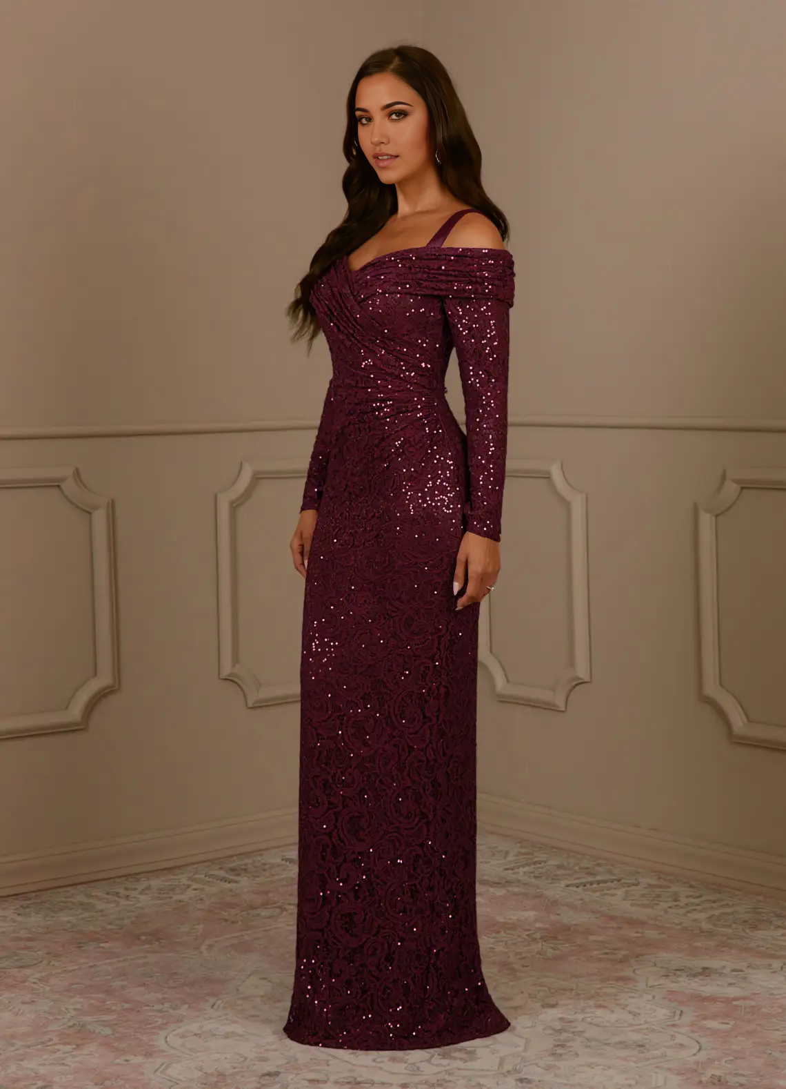 Sheath Sequins Long Sleeve Lace Cabernet formal dresses evening dress Mother of the Bride Dresses