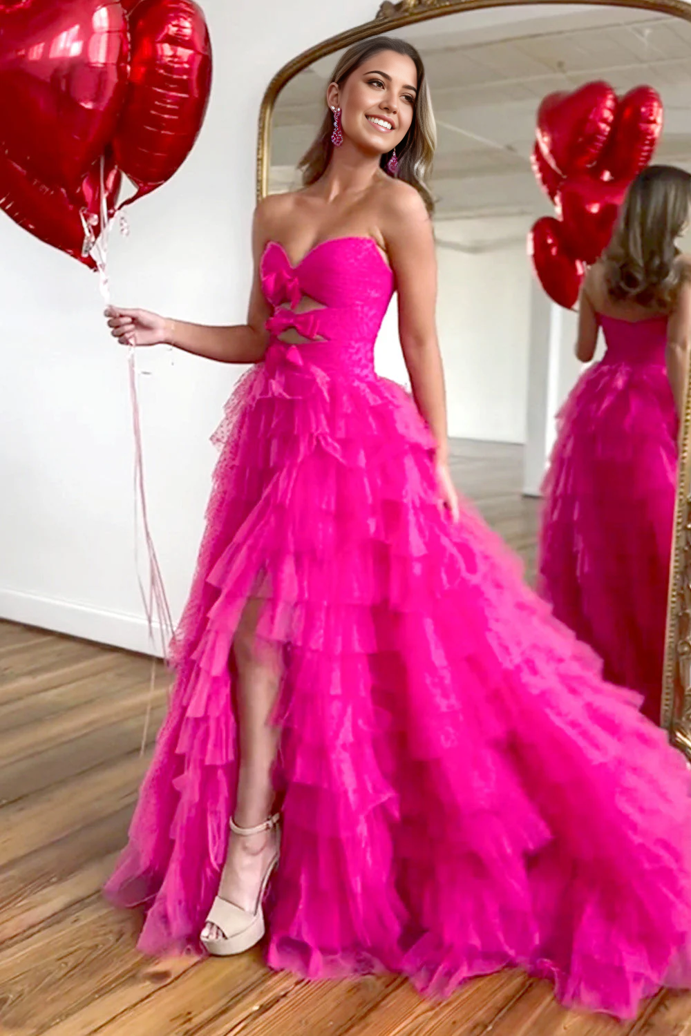 A-Line Sweetheart Bowknot Fuchsia Tulle Long Prom Dress With Slit