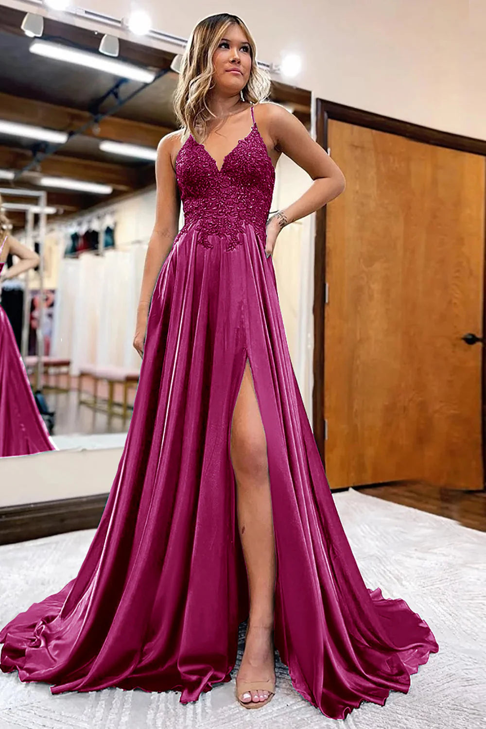 A-Line Appliques Satin Prom Dress with Slit