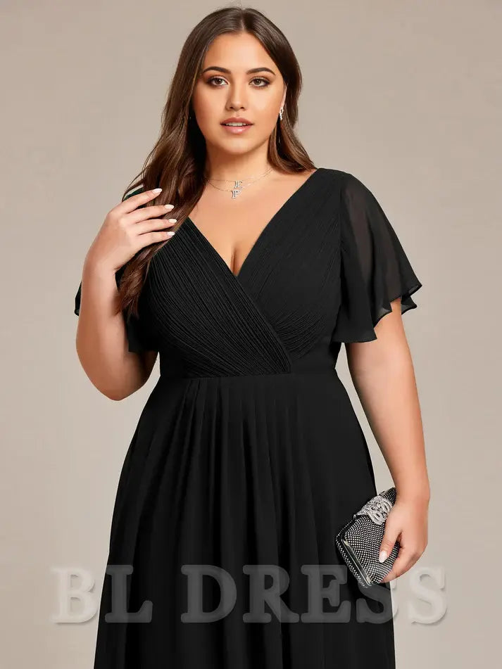 Plus Size A Line V Neck Chiffon Short Sleeves Knee Length evening gown formal dress Prom Dresses