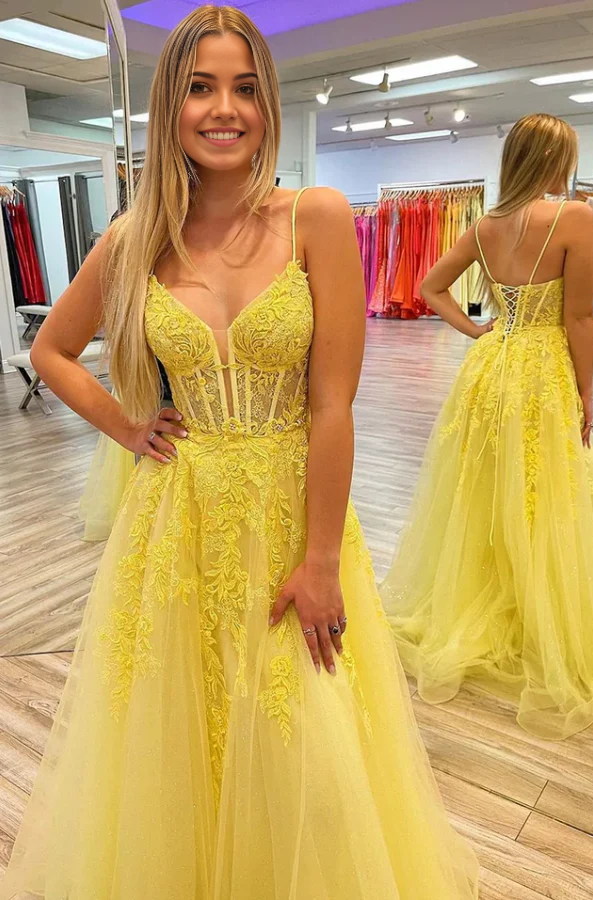 A-line Lace Appliques Yellow Spaghetti Straps evening gown Prom Dress