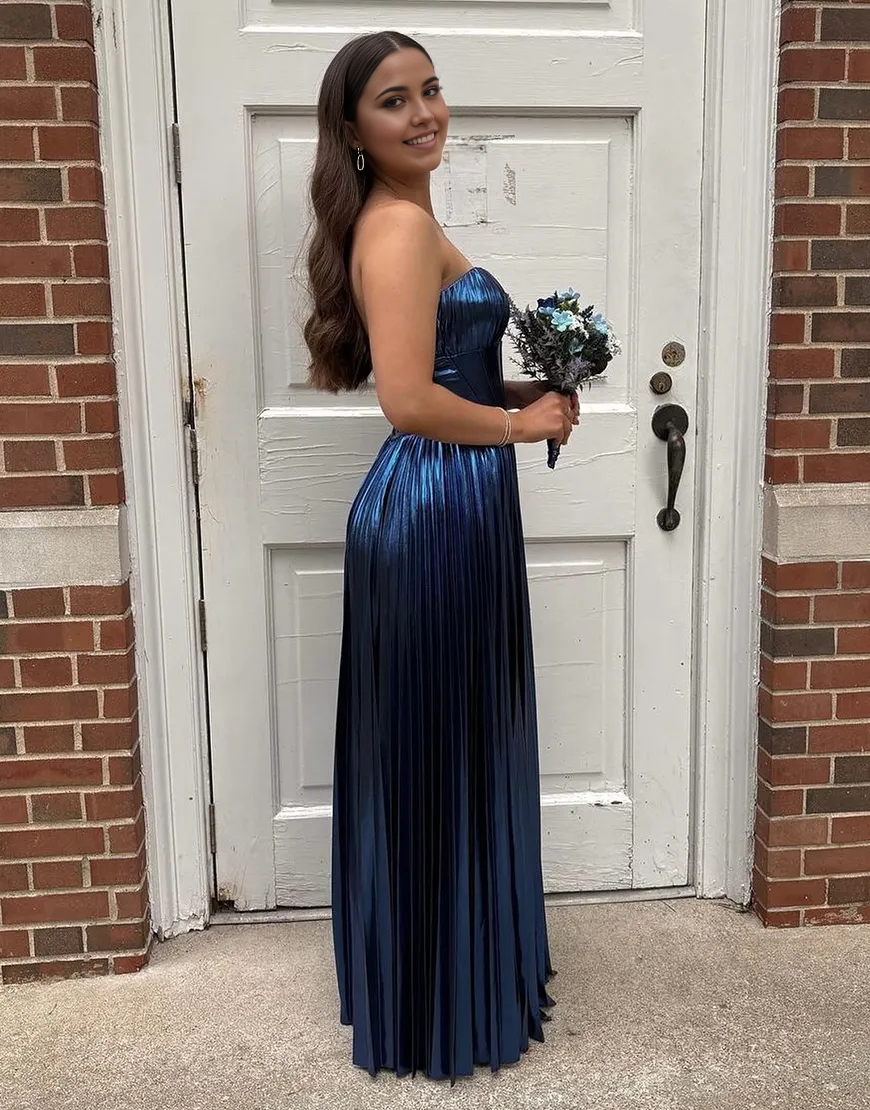 A-Line Strapless Corset Long formal dresses evening dress Prom Dress with Slit