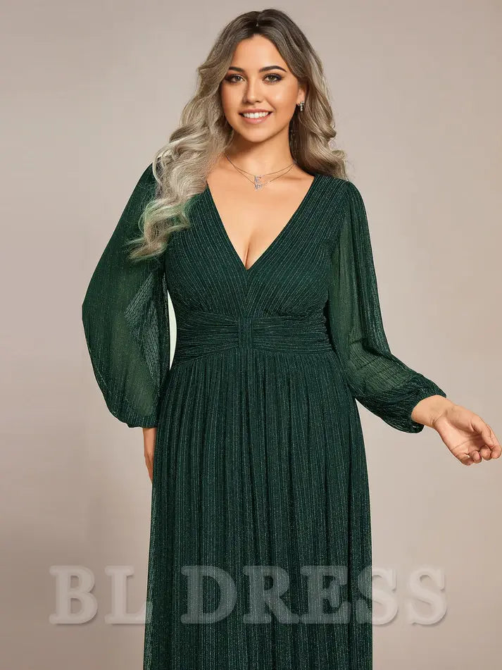 Plus Size A-line V Neck Pleated Floor Length Glitter Long Sleeves evening gown formal dress Prom Dresses