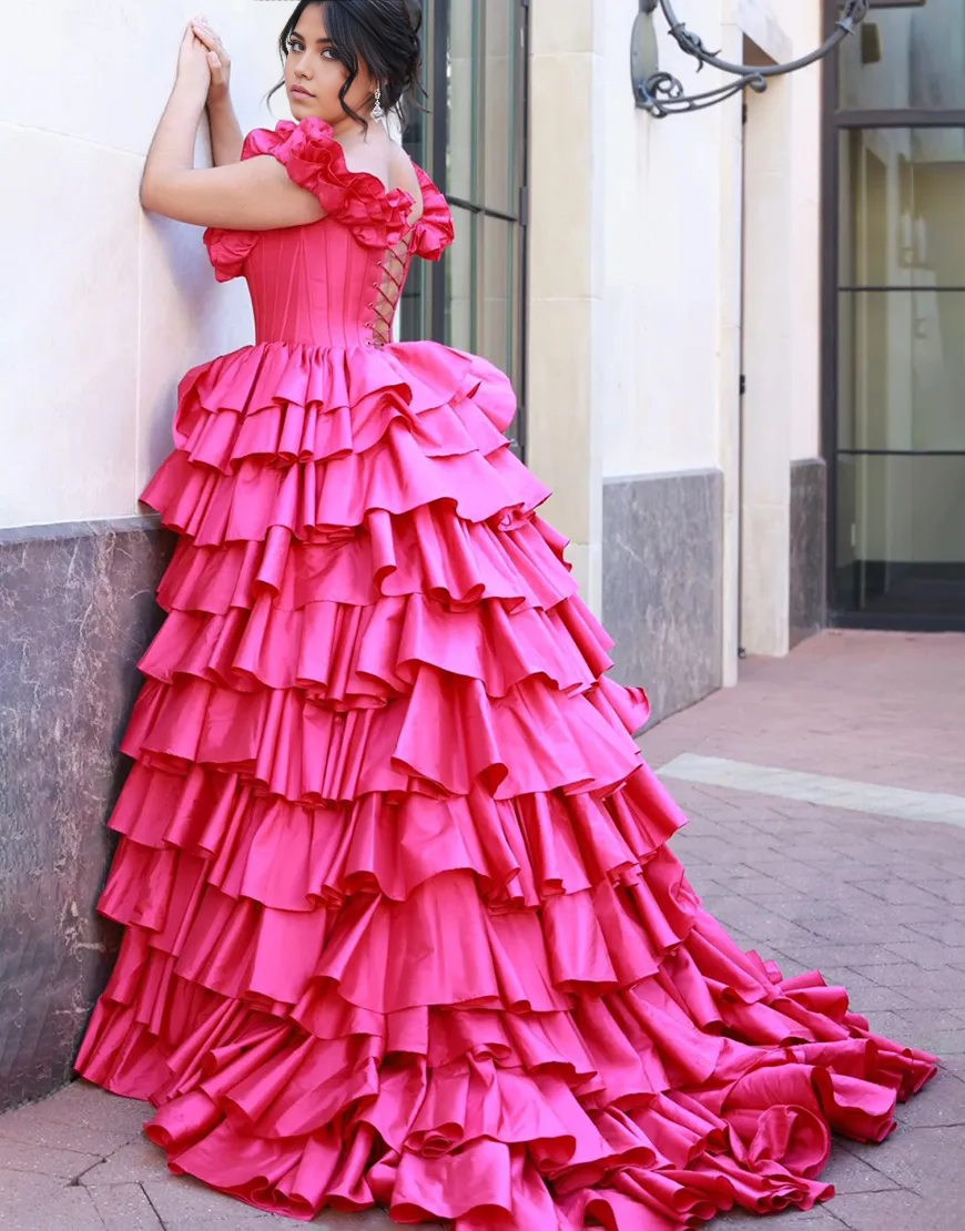 A-Line Ruffled Off the Shoulder Corset Tiered Fuchsia formal dresses evening gown Long Prom Dress with Slit