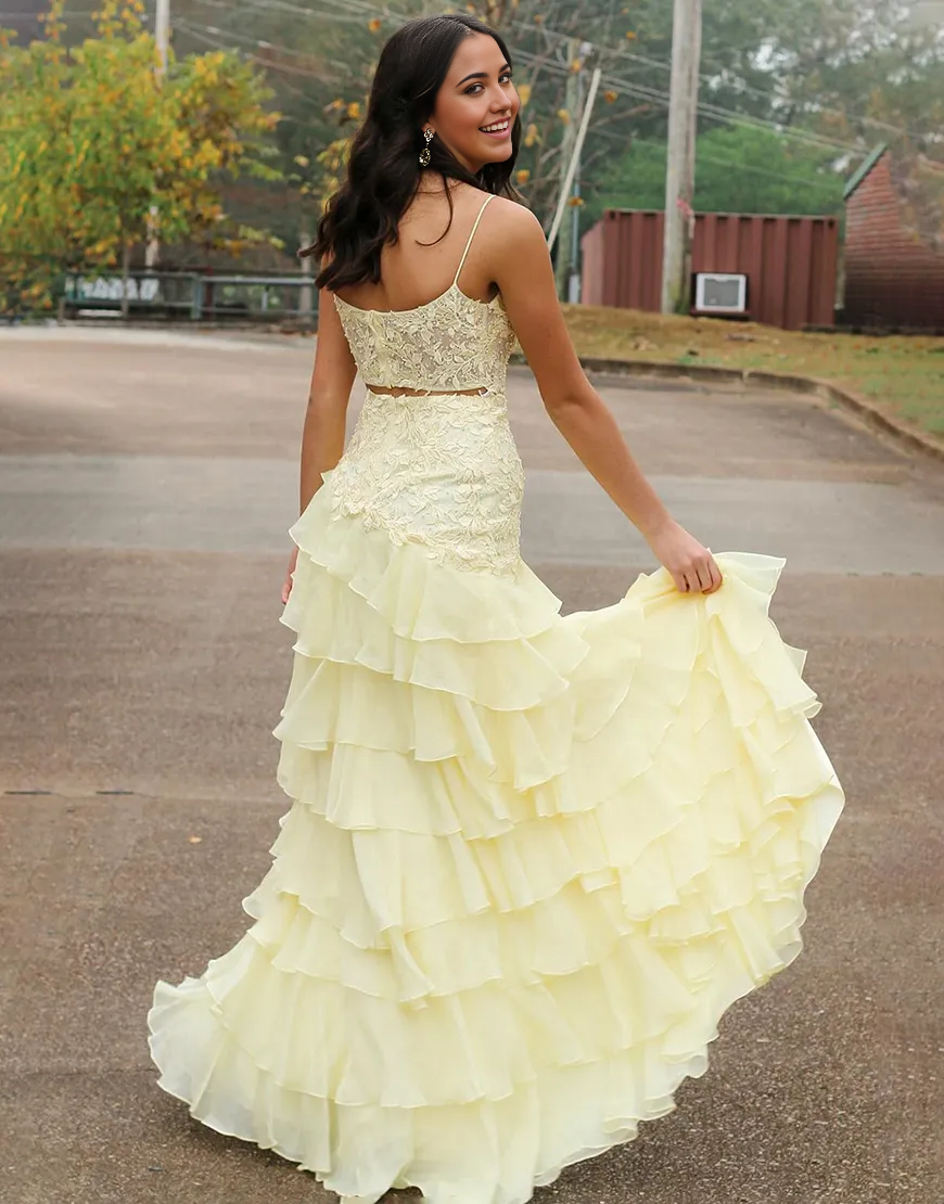 Sheath Sparkly Spaghetti Straps Appliques Ruffles Yellow Long formal dresses evening gown Prom Dress with Slit