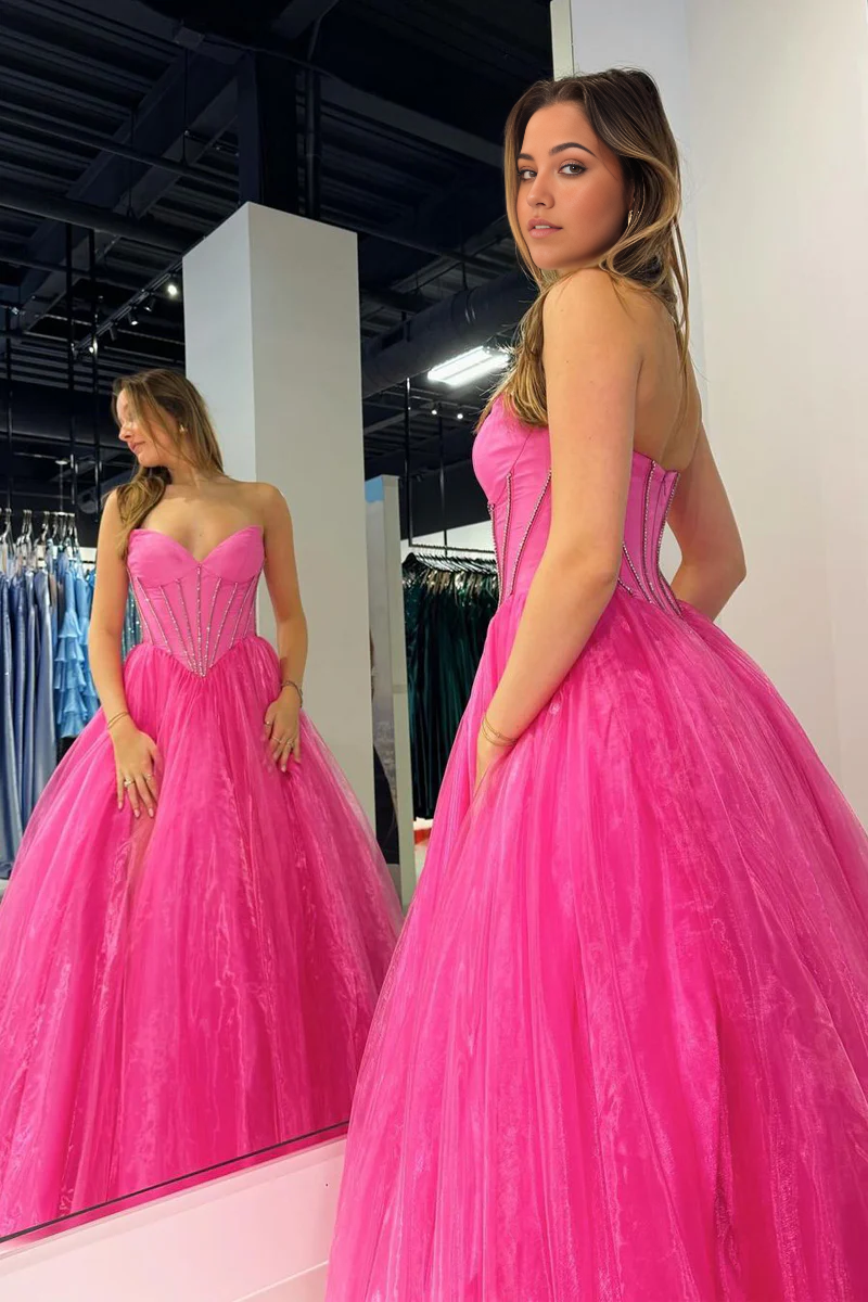 A-Line Sweetheart Long Pink Organza Prom Dress with Beading