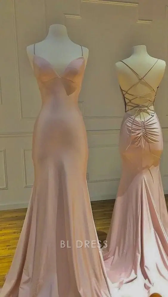 Mermaid V-Neck Spaghetti Straps Backless Pink Satin Long formal dresses Bridesmaid Dresses evening gown Prom Dress