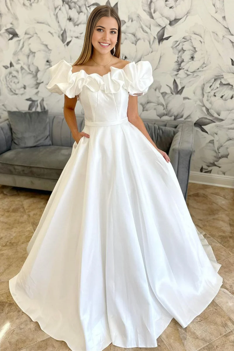 A-line Off-the-Shoulder Ruffle Long Bridal Gown Wedding Dresses