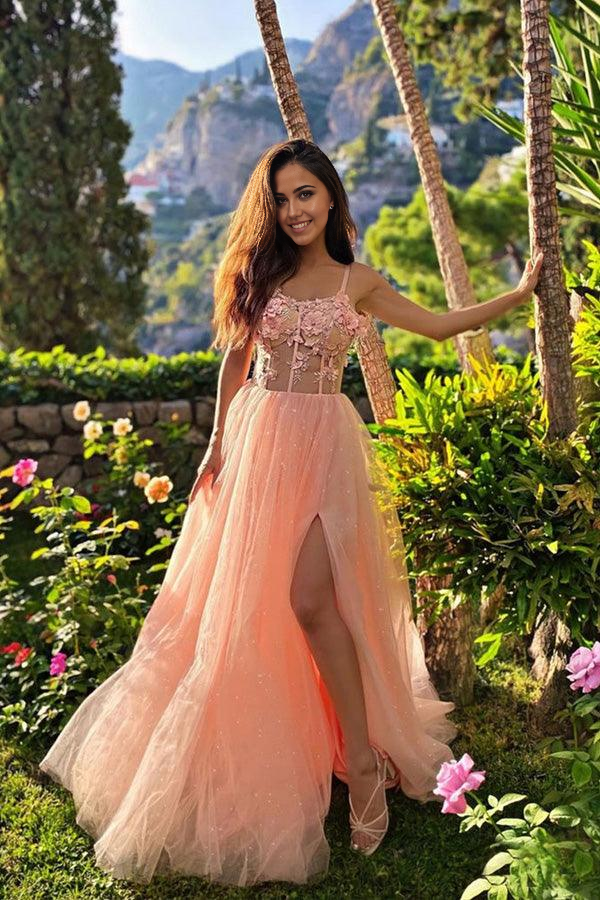 A-line Sweetheart Neck Pink Lace Prom Dresses Split Formal Dresses
