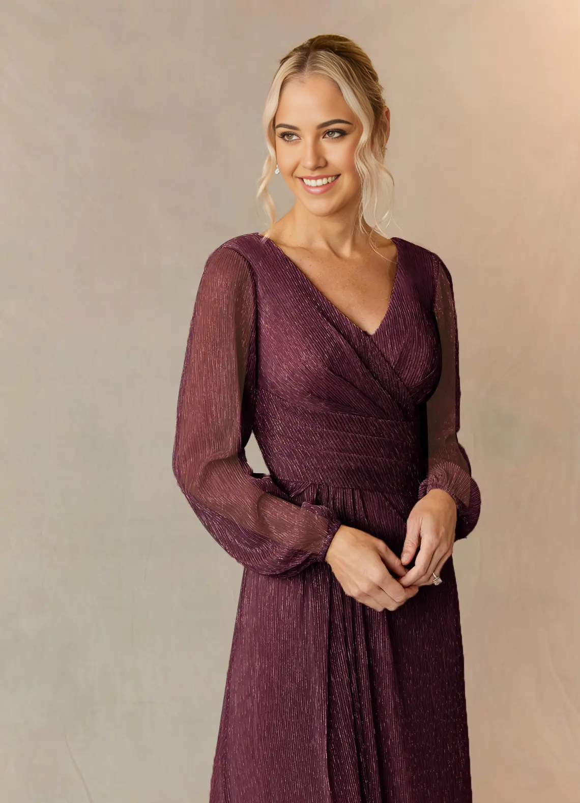 A-Line V-Neck Long Sleeve Pleated Mulberry Mother of the Bride Dresses