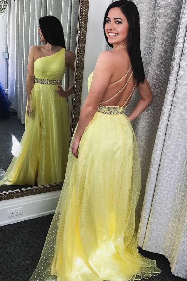 A-line One Shoulder Ruched Yellow Long Prom Dresses Formal Dress