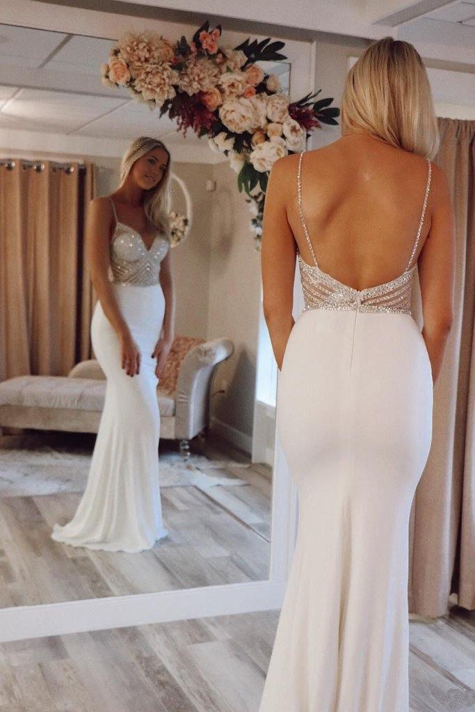 Mermaid Gorgeous Ivory V-neck Straps Prom Dresses Evening Dresses