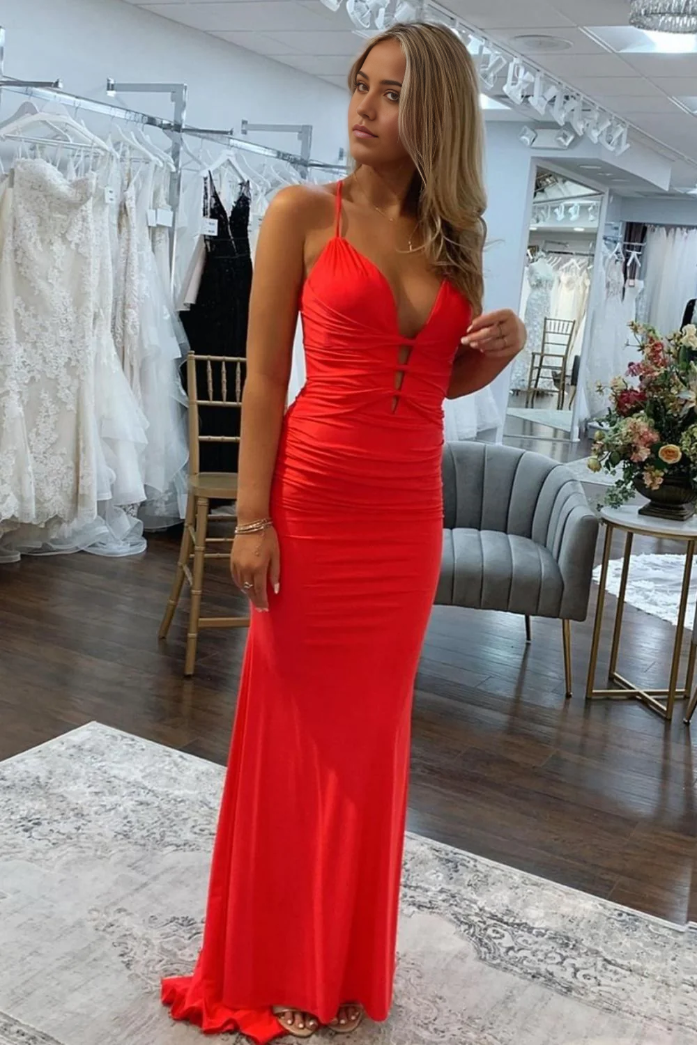 Mermaid Spaghetti Straps Lace Up Red Satin Long Prom Dress