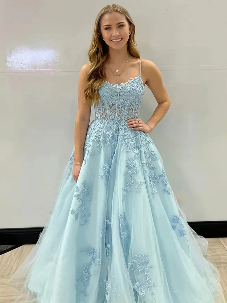 A Line Open Back Lace Long Prom Dresses Formal Evening Dresses