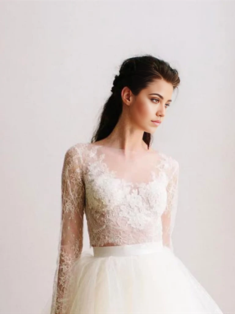 Two Pieces A-line Long Sleeves White Round Neck Lace Tulle Long Prom Dresses Wedding Dresses