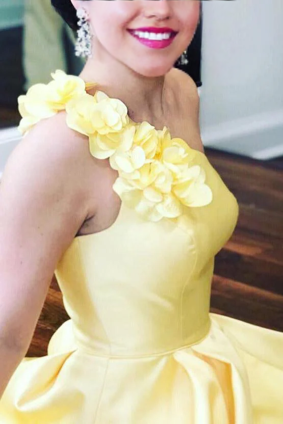 A-Line One Shoulder Flower Blue Satin Long Prom Dress Formal Dress