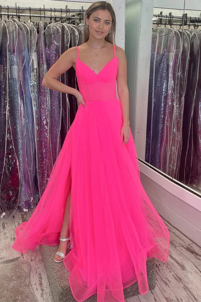 A Line Spaghetti Straps Long Tulle Prom Dress