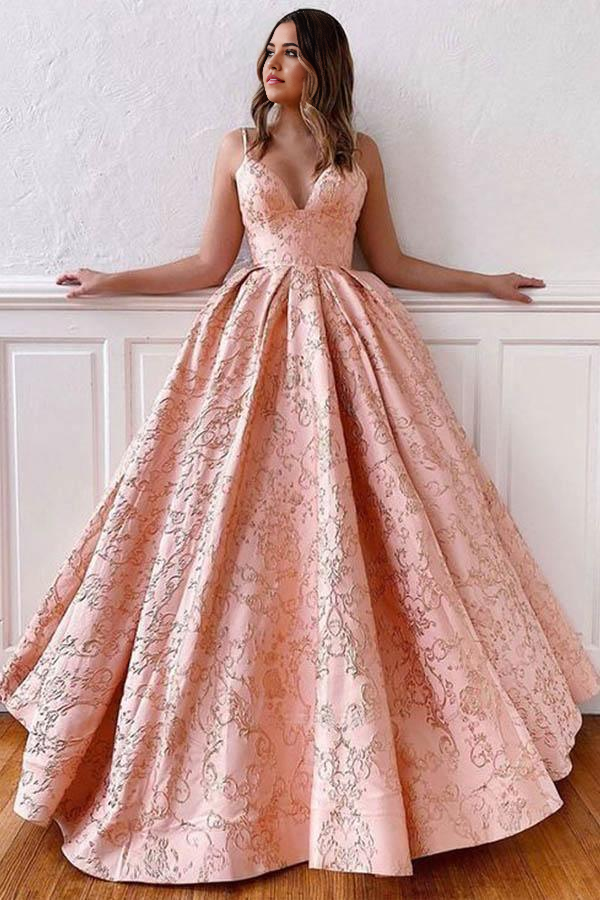 A-line V Neck Straps Cross Back Blush Pink Ball Gown Long Prom Dresses