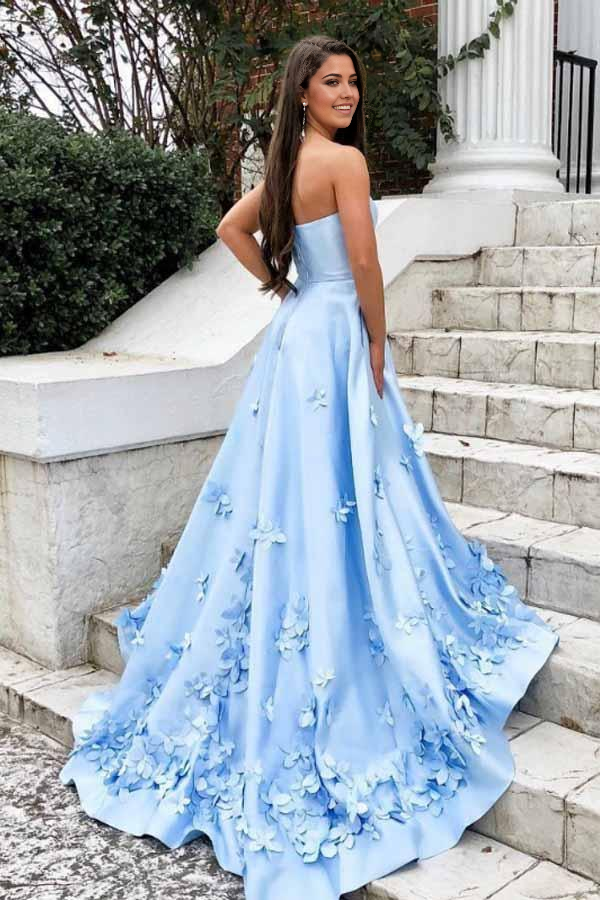 A-Line 3D Floral Sweetheart Sky Blue Applique Long Prom Dresses With Pocket