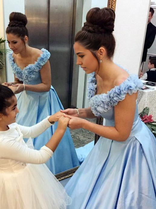 A-line Off The Shoulder Satin Sky Blue Prom Dresses Floral Long Formal Dresses