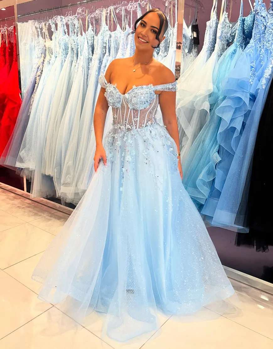 A-Line Off the Shoulder Sparkly Sky Blue Corset Flowers Tulle formal dresses evening dress Long Prom Dress