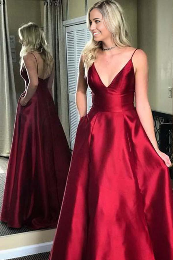 A-line Simple Spaghetti Straps Red Long Evening Prom Dresses