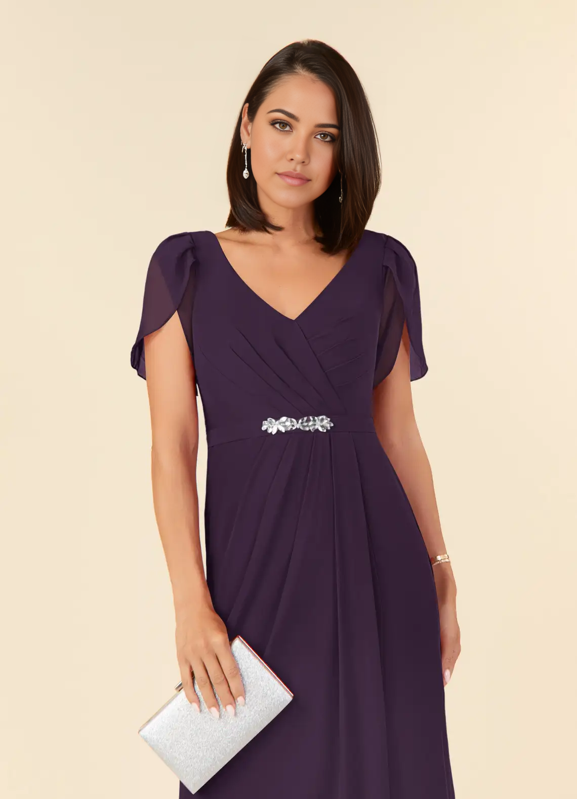 Sheath V-Neck Pleated Chiffon Plum Mother of the Bride Dresses