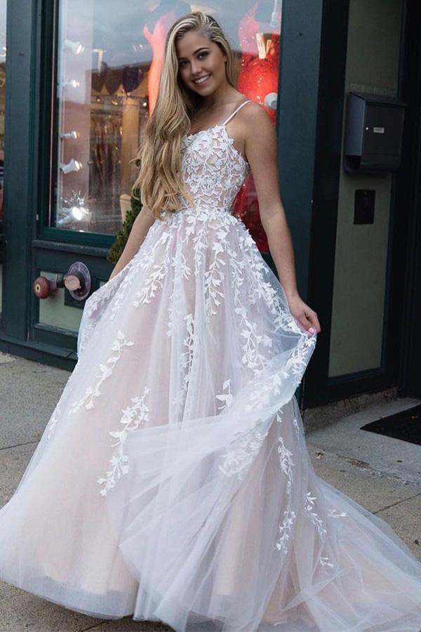 A line Appliques Spaghetti Straps Long Evening Dress Prom Dresses